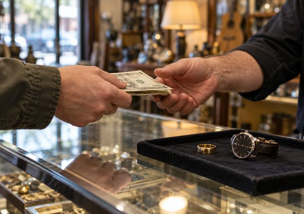 Cash handed across a pawn shop counter